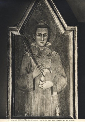 Alinari, Fratelli — Perugia - Pinacoteca Vannucci. Un Santo martire. (Attribuito a Meo da Siena). — insieme, recto